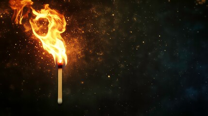 A single matchstick burning brightly with golden flames against a dark background with sparks.