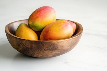 Fresh ripe mangoes in rustic wooden bowl on white background