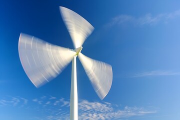 Wind turbine blades spinning rapidly, close-up, clear blue sky, green energy, dynamic and powerful, sense of motion, clean and modern, sustainable speed