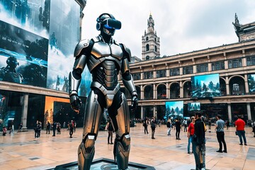 Naklejka premium A bronze robot statue stands in a city square, surrounded by people walking and cars driving by