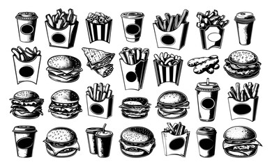 Fast Food Chips Potato Dips in a Box Hamburger Cheeseburger Coke Coffee to Go Linocut Style Icons Set Black on White Background Fast Food Items Restaurant Snacks Takeout Meals