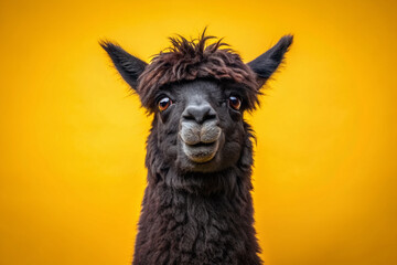 Amusing black alpaca with expressive eyes and goofy grin standing upright on a bright yellow background, showcasing its soft fur and comedic personality.