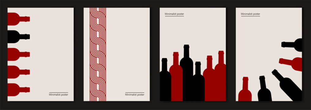 Vector illustration depicting bottles of wine. Restaurant menu. Set of minimalist posters design in red and black colors. Abstract wall art.