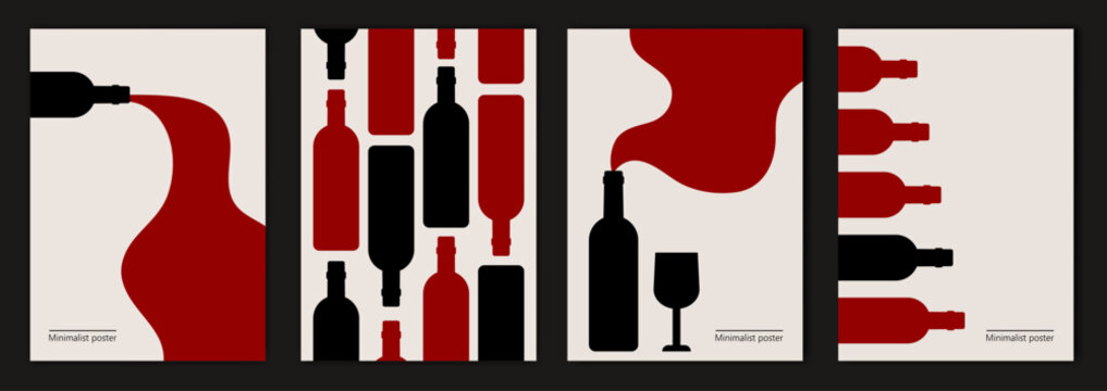 Vector illustration depicting bottles of wine. Set of minimalist posters design in red and black colors. Abstract wall art.
