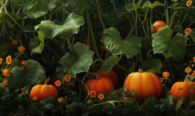 Obraz premium A close-up of bright orange pumpkins growing on a vine