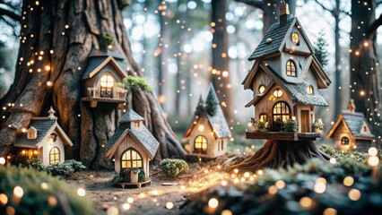 Fototapeta premium a fairy enchanted forest scene, 4K resolution, whimsical details like fairy houses built into trees, sparkling magical dust floating in the air, charming and mystical atmosphere, vibrant colors and so