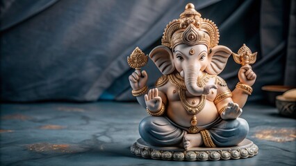 Fototapeta premium statue of Lord Ganesha, adorned with intricate jewelry, seated on a decorative pedestal a grey background.