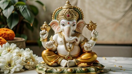 Fototapeta premium statue of Lord Ganesha, adorned with intricate jewelry, seated on a decorative pedestal, with white flowers placed on either side against a beige floral background.