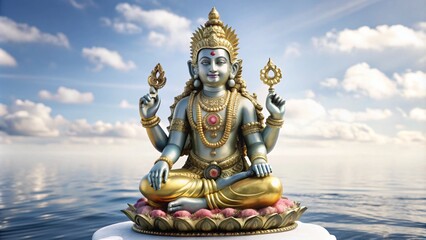 Fototapeta premium sculpture of Brahma sitting against the backdrop of nature, blue sky and clouds