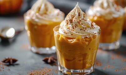 An pumpkin mousse topped with whipped cream