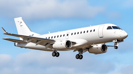 An airplane descends, preparing to land as it glides through a bright sky filled with fluffy clouds, illuminated by midday sunlight