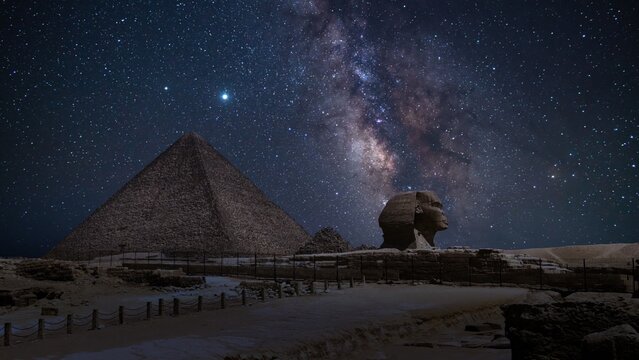 Egypt Pyramid of Khufu Sphinx Under Milky Way Galaxy - Powered by Adobe