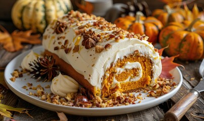 A slice of pumpkin roll cake filled with cream cheese frosting
