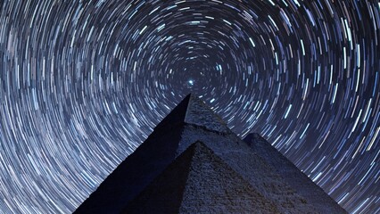 Egypt Star Trails Around Polaris Above Pyramids of Giza in the Night Sky