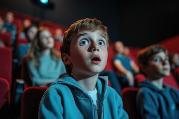 Obraz premium A little boy in the cinema with wide-open eyes and an open mouth is afraid of what he saw on the screen