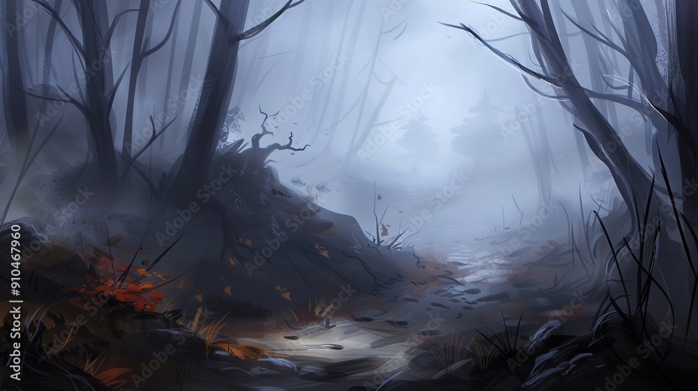 Canvas Prints a path in a foggy forest leads to a fire hydrant at its end