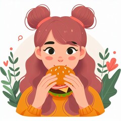 Girl is eating burger. Female character tastes fast food