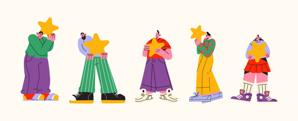 Consumer reviews feedback. People rate the service and rate the quality 5 stars. Vector characters leave positive reviews.