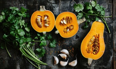 A top-down view of a table with fresh cilantro, halved pumpkin, garlic cloves, and a selection of herbs