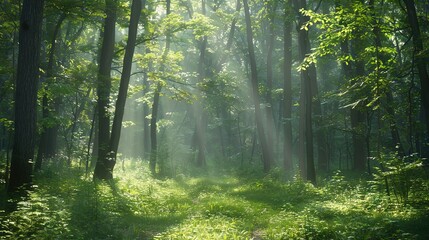 Obraz premium A verdant forest brims with numerous trees and a lush green ground carpeted beneath them, bathed in radiant sunlight filtering through the foliage
