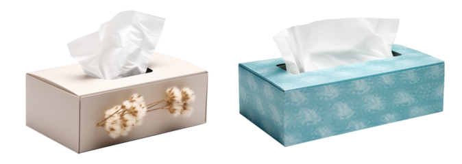 Set of tissue boxes with white napkins, isolated on transparent background