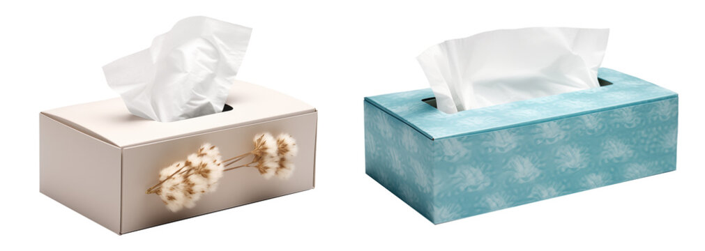 Set of tissue boxes with white napkins, isolated on transparent background