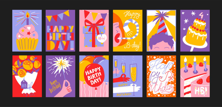 Happy Birthday cards in cartoon retro 90s style. Minimalist cards. Celebration congratulations posters with cakes and sweets. Vector bright template for party, event.