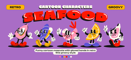 Cartoon mascots seafoods. Products of marine origin: shrimp, mussels, clams, oysters, lemon with emotions and gloved hands. Comic characters, trendy doodle retro 90s poster.