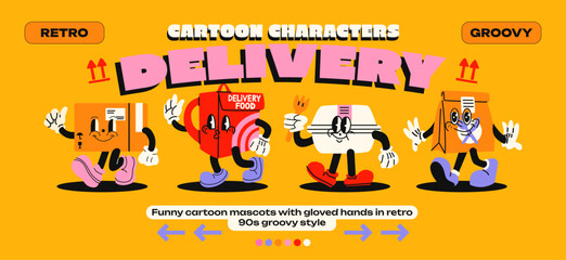 Cartoon mascots delivery. Fast food delivery service, parcels, couriers, box, courier backpack, package with emotions and gloved hands. Comic characters, trendy doodle retro 90s poster.