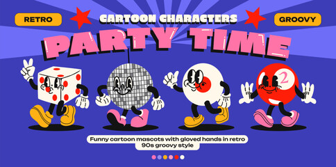 Cartoon mascots party time. Fun disco: disco ball, vinyl, music record. Holiday and night club with emotions and gloved hands. Comic characters, trendy doodle retro 90s poster.