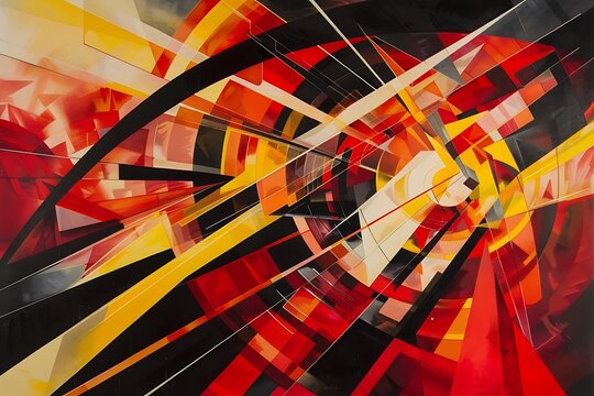 A cascade of dynamic shapes and bold contrasts, intense reds and yellows, suggesting rapid motion and energy, Constructivist style