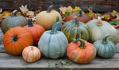 A variety of pumpkins and gourds, surrounded by autumn leaves and hay