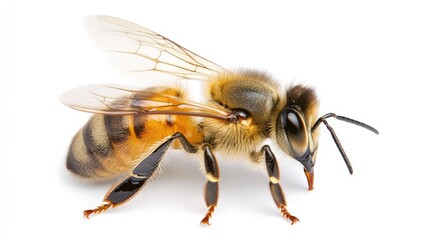 A honey bee showcases its intricate body structure and wings against a clean white background, emphasizing its significance in nature
