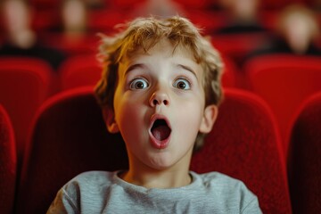 A little boy in a cinema with wide-open eyes and an open mouth in a state of extreme surprise
