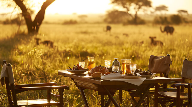 Fototapeta Romantic dinner table setting with golden light, brown chairs, and green grass, perfect for a safari honeymoon.  