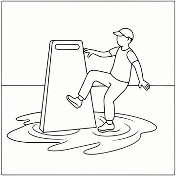 recommend clip art: Line art of a person slipping on a wet floor near a caution sign on a transparent background