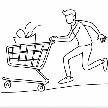 recommend clip art: Line art of a person pushing a shopping cart on a transparent background