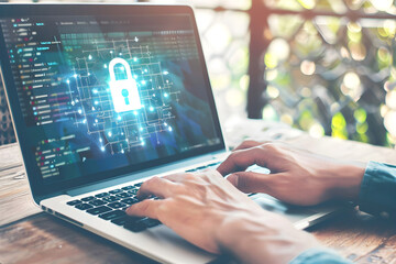 Cybersecurity concept with hands typing on laptop keyboard, digital padlock icon on screen