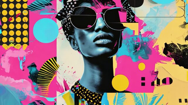 Vibrant Abstract Portrait of African Woman with Sunglasses and Colorful Elements