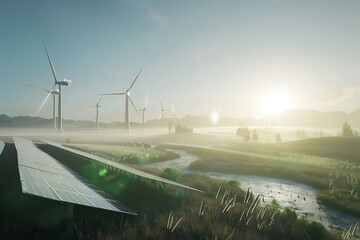 A clean energy power plant with sleek, futuristic wind turbines and solar panels, generating electricity in a picturesque, sustainable landscape, under a bright, clear sky