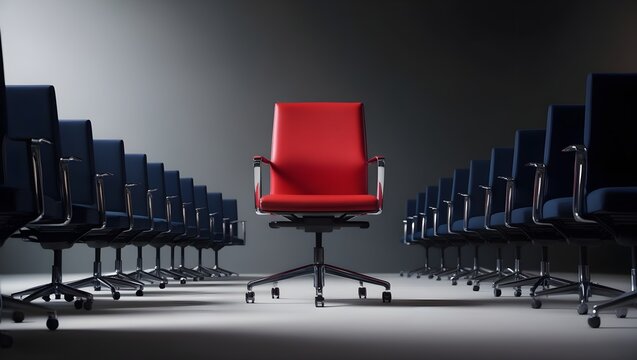 a red office chair stands out in the center of an empty conference room surrounded by dark blue chairs	