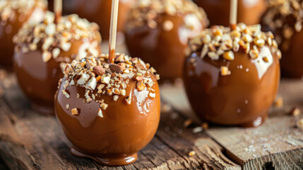 Delicious Caramel Apples with Crushed Nuts. National Caramel Apple Day.