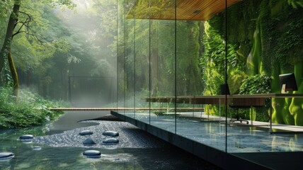 Minimalistic sustainable glass office with bamboo desks and vertical garden in a serene forest clearing, gentle morning light creating a calming atmosphere. Eco friendly sustainable glass office