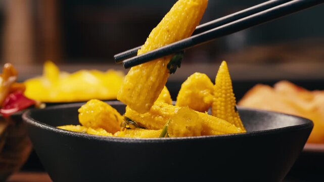 Close-up of fermented yellow mini corn with black pepper on black plate. Preservation of vegetables in glass jars. Fermentation preserved mini corns with spices.