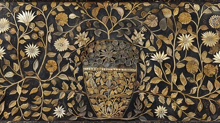   A detailed shot of an artistic ornament featuring flora and foliage against a dark backdrop, adorned with golden accents