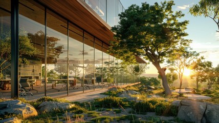 Eco-friendly sustainable glass office with open-concept communal workspaces, indoor trees, on a hillside with panoramic views and golden hour lighting. Eco friendly sustainable glass office