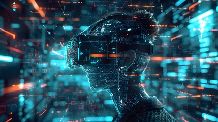 Digital avatar with VR headset immersed in a virtual matrix with glowing data streams