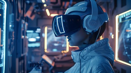 Woman in futuristic VR headset with holographic display in a high-tech environment