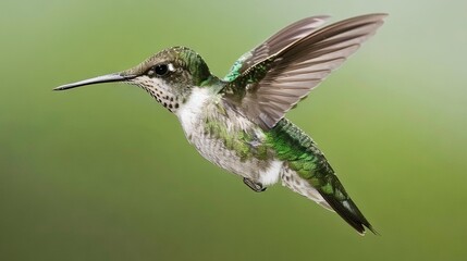 Fototapeta premium Hummingbird flying with spread wings and beak to the side