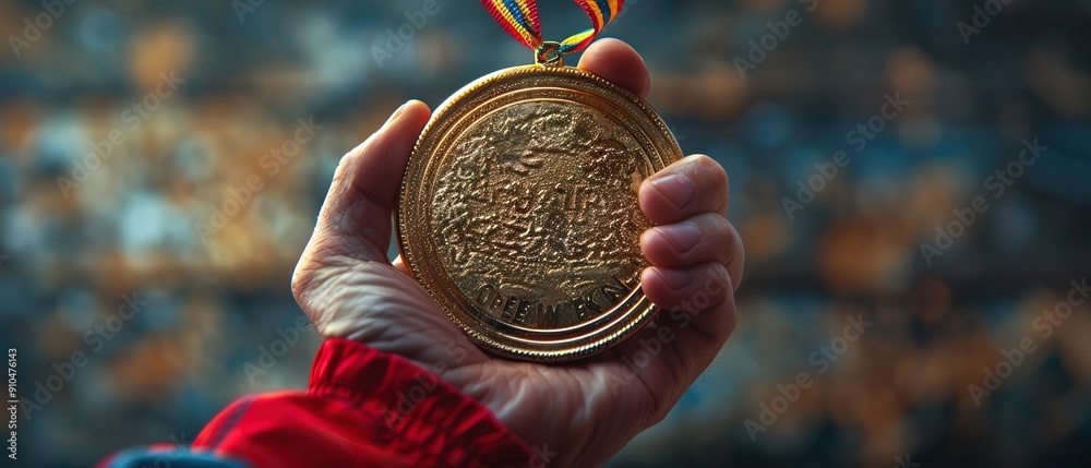 Wall mural Hand holds and raised gold medal trophy 